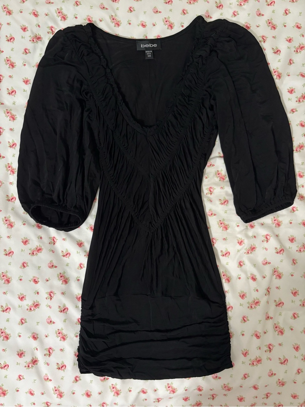 bebe sheer Black Ruched V-Neck Top with Puff Sleeves